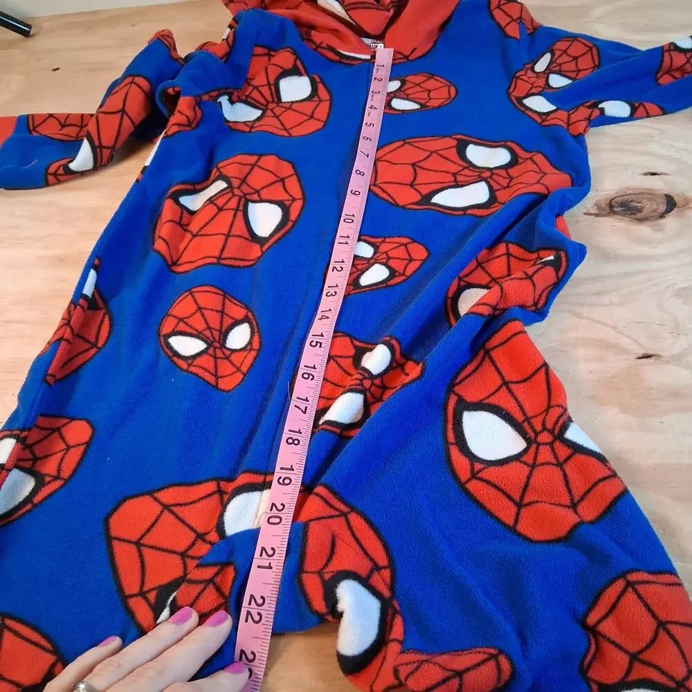Spiderman Boys Pajamas Sz M Hooded One Piece Full Zip Sleepwear Marvel Red Blue